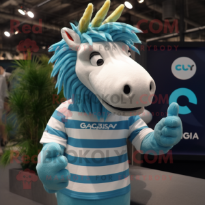 Cyan Quagga mascot costume character dressed with a T-Shirt and Hair clips