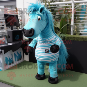 Cyan Quagga mascot costume character dressed with a T-Shirt and Hair clips