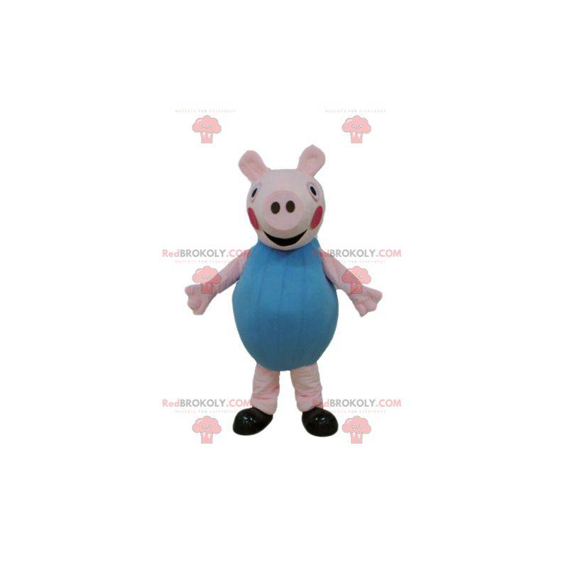 Mascota de cerdo rosa vestida de azul - Redbrokoly.com