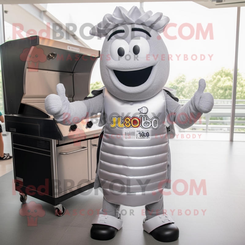 Silver Bbq Ribs mascot costume character dressed with a Polo Tee and Backpacks Silver Bbq Ribs mascot costume character dressed with a Polo Tee and Backpacks
