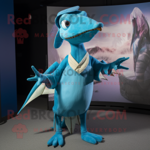 Cyan Pterodactyl mascot costume character dressed with a V-Neck Tee and Berets