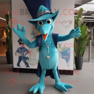 Cyan Pterodactyl mascot costume character dressed with a V-Neck Tee and Berets