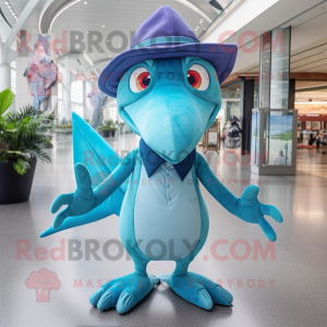 Cyan Pterodactyl mascot costume character dressed with a V-Neck Tee and Berets