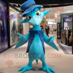 Cyan Pterodactyl mascot costume character dressed with a V-Neck Tee and Berets