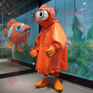 Rust Clown Fish mascot costume character dressed with a Raincoat and Shoe clips