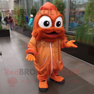 Rust Clown Fish mascot costume character dressed with a Raincoat and Shoe clips