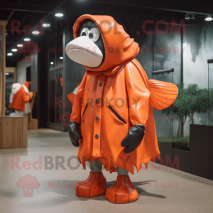 Rust Clown Fish mascot costume character dressed with a Raincoat and Shoe clips