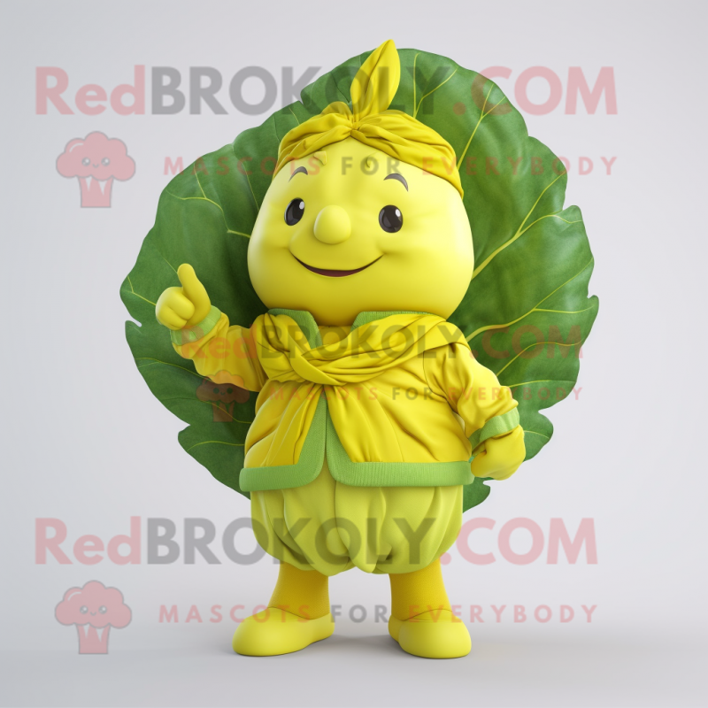 Lemon Yellow Cabbage Leaf mascot costume character dressed with a Playsuit and Wraps Lemon Yellow Cabbage Leaf mascot costume character dressed with a Playsuit and Wraps