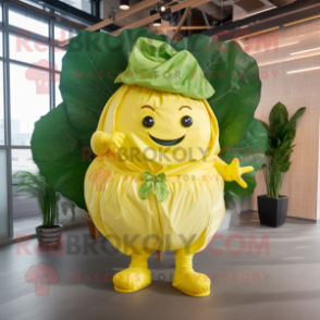 Lemon Yellow Cabbage Leaf mascot costume character dressed with a Playsuit and Wraps