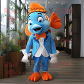 Sky Blue Clown Fish mascot costume character dressed with a Suit and Bow ties