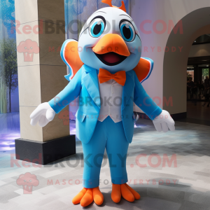 Sky Blue Clown Fish mascot costume character dressed with a Suit and Bow ties