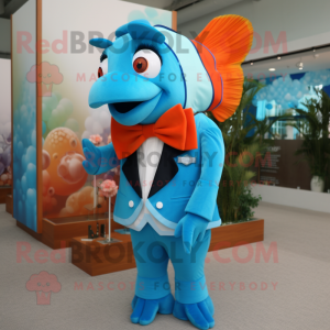 Sky Blue Clown Fish mascot costume character dressed with a Suit and Bow ties
