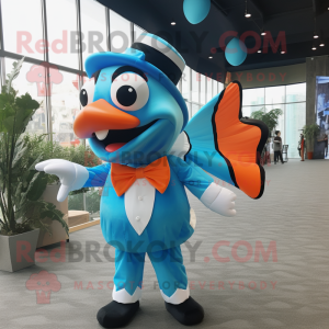 Sky Blue Clown Fish mascot costume character dressed with a Suit and Bow ties