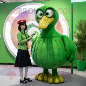 Green Ostrich mascot costume character dressed with a Circle Skirt and Watches