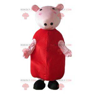 Rosa Schweinemaskottchen mit einem roten Kleid - Redbrokoly.com