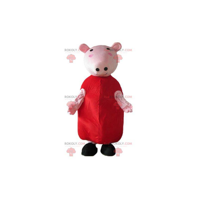 Rosa Schweinemaskottchen mit einem roten Kleid - Redbrokoly.com