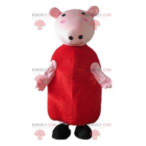 Rosa Schweinemaskottchen mit einem roten Kleid - Redbrokoly.com