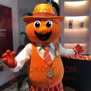 Orange Raspberry mascot costume character dressed with a Oxford Shirt and Bracelets