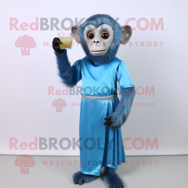 Blue Capuchin Monkey mascot costume character dressed with a Cocktail Dress and Clutch bags Blue Capuchin Monkey mascot costume character dressed with a Cocktail Dress and Clutch bags