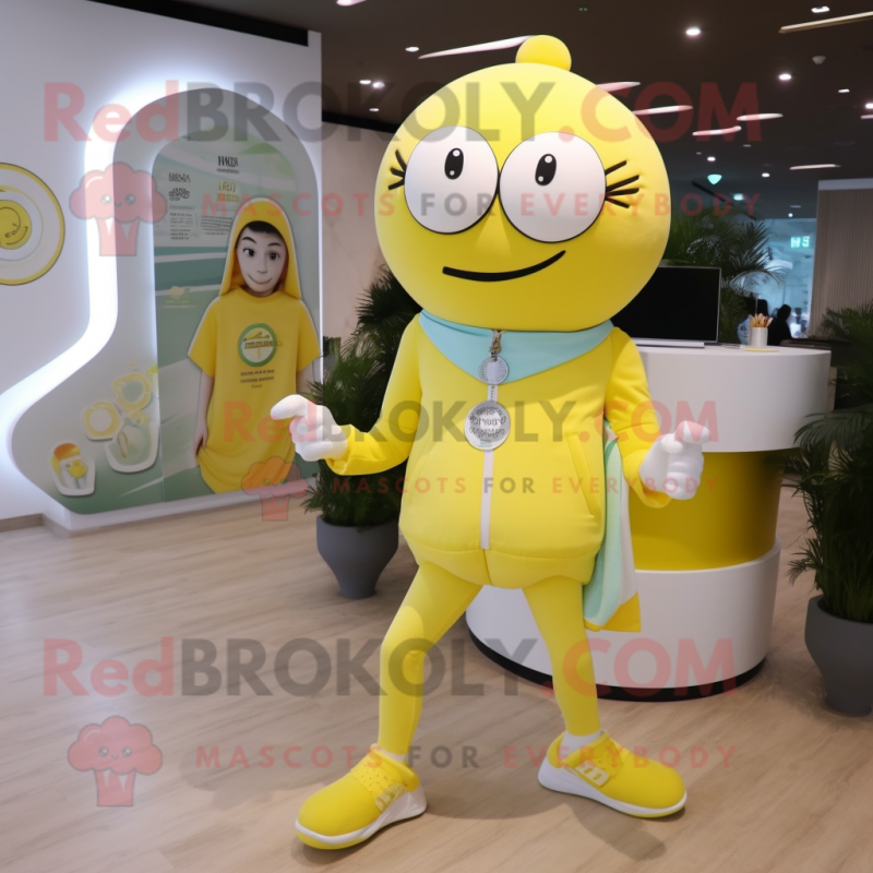 Lemon Yellow Doctor mascot costume character dressed with a Yoga Pants and Hairpins Lemon Yellow Doctor mascot costume character dressed with a Yoga Pants and Hairpins