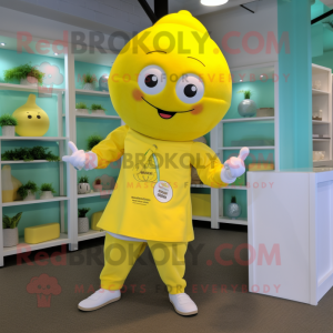 Lemon Yellow Doctor mascot costume character dressed with a Yoga Pants and Hairpins