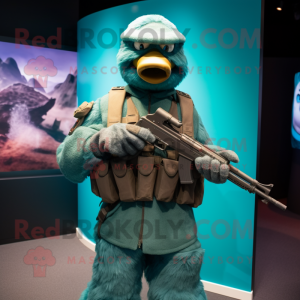 Teal Sniper mascot costume character dressed with a Bodysuit and Caps