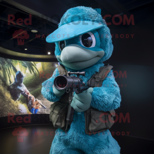 Teal Sniper mascot costume character dressed with a Bodysuit and Caps