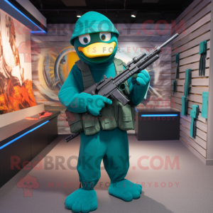Teal Sniper mascot costume character dressed with a Bodysuit and Caps