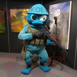 Teal Sniper mascot costume character dressed with a Bodysuit and Caps