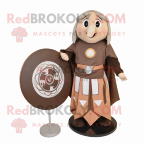 Brown Celtic Shield mascot costume character dressed with a Empire Waist Dress and Wallets