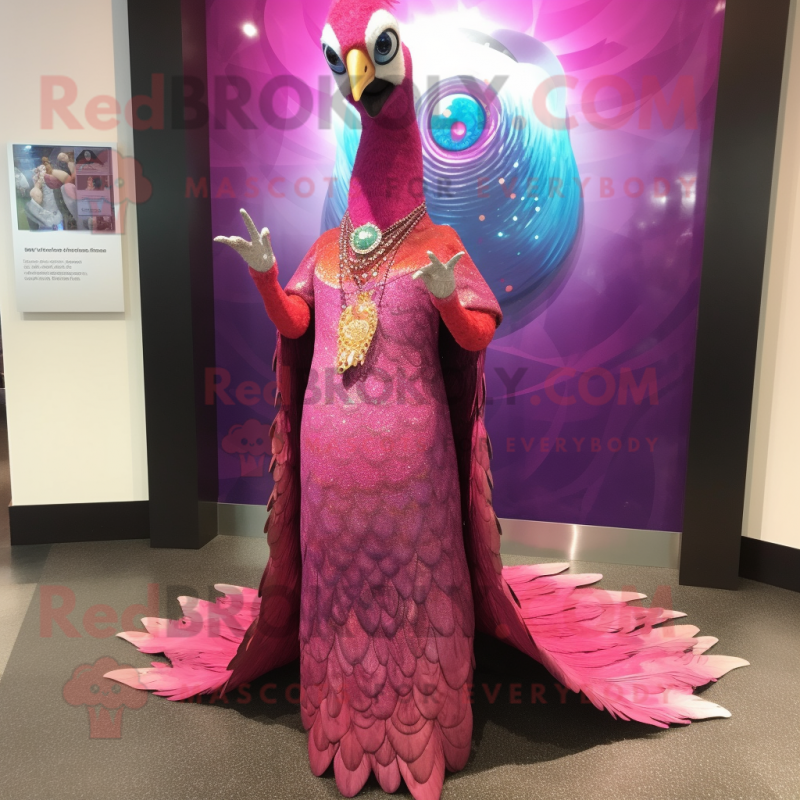 Pink Peacock mascot costume character dressed with a Empire Waist Dress and Shawl pins