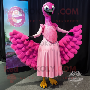 Pink Peacock mascot costume character dressed with a Empire Waist Dress and Shawl pins