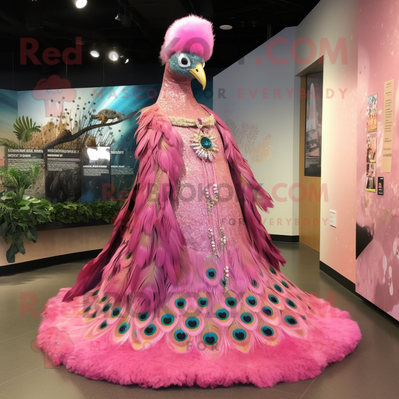 Pink Peacock mascot costume character dressed with a Empire Waist Dress and Shawl pins