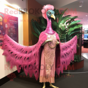 Pink Peacock mascot costume character dressed with a Empire Waist Dress and Shawl pins