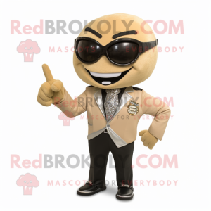 Tan Engagement Ring mascot costume character dressed with a Biker Jacket and Tie pins