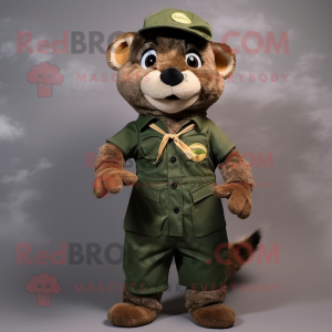 Olive Mongoose mascot costume character dressed with a Overalls and Bow ties