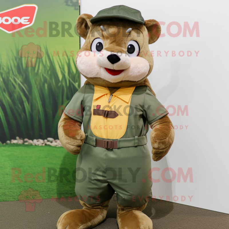 Olive Mongoose mascot costume character dressed with a Overalls and Bow ties