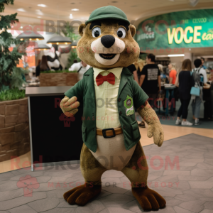 Olive Mongoose mascot costume character dressed with a Overalls and Bow ties