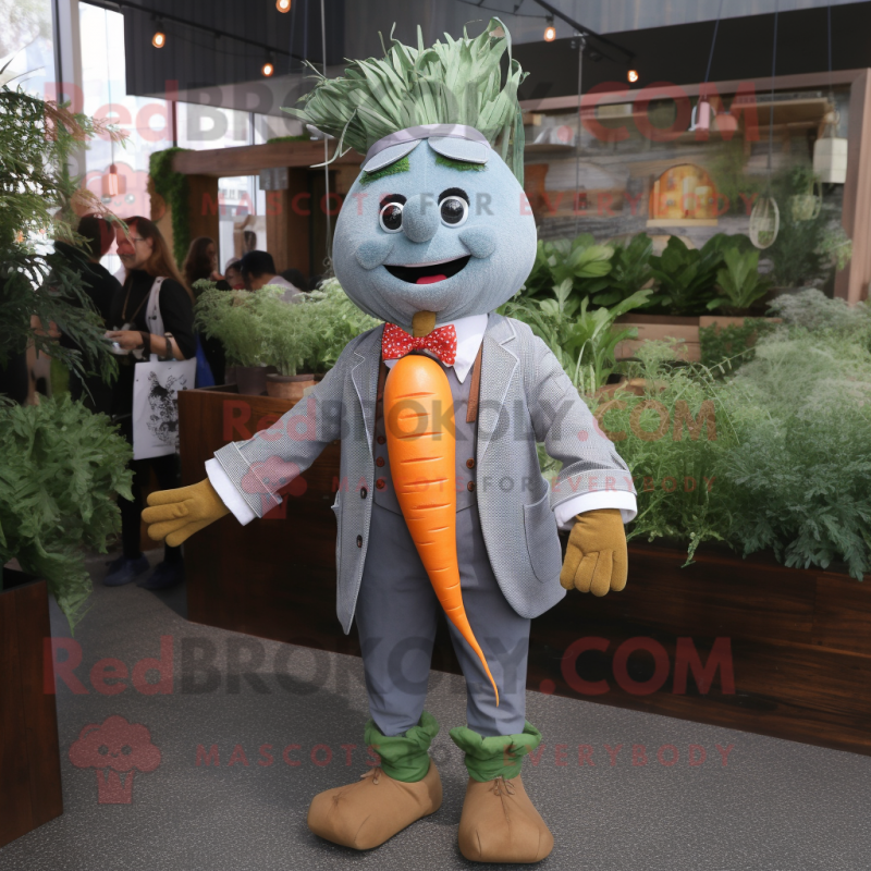 Olive Carrot mascot costume character dressed with a Chambray Shirt and Bow ties Olive Carrot mascot costume character dressed with a Chambray Shirt and Bow ties