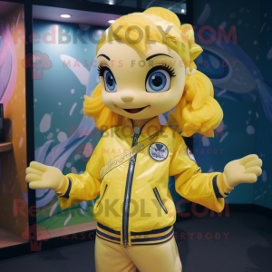 Yellow Mermaid mascot costume character dressed with a Bomber Jacket and Bracelets