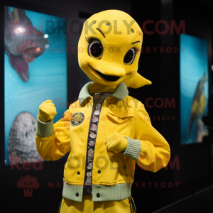 Yellow Mermaid mascot costume character dressed with a Bomber Jacket and Bracelets