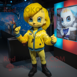 Yellow Mermaid mascot costume character dressed with a Bomber Jacket and Bracelets