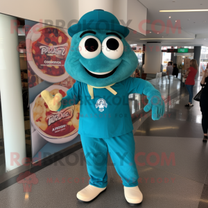 Teal Pizza mascot costume character dressed with a Trousers and Watches