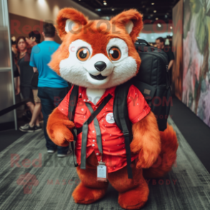 Red Red Panda mascot costume character dressed with a Button-Up Shirt and Backpacks