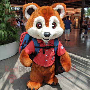 Red Red Panda mascot costume character dressed with a Button-Up Shirt and Backpacks