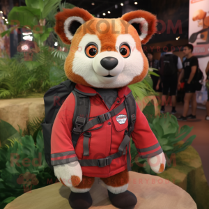 Red Red Panda mascot costume character dressed with a Button-Up Shirt and Backpacks