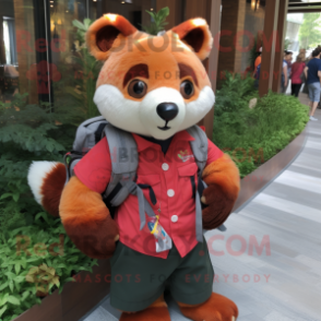 Red Red Panda mascot costume character dressed with a Button-Up Shirt and Backpacks