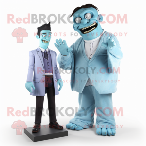 Sky Blue Frankenstein mascot costume character dressed with a Dress Pants and Watches