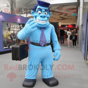 Sky Blue Frankenstein mascot costume character dressed with a Dress Pants and Watches