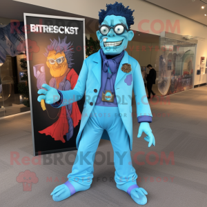 Sky Blue Frankenstein mascot costume character dressed with a Dress Pants and Watches